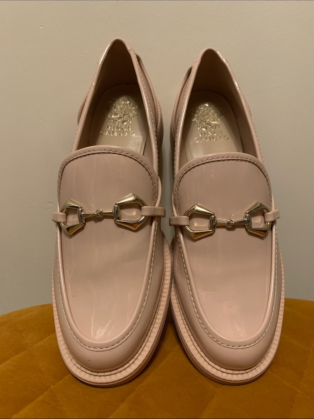 Vince Camuto Blush Patent Loafers with Gold Horsebit